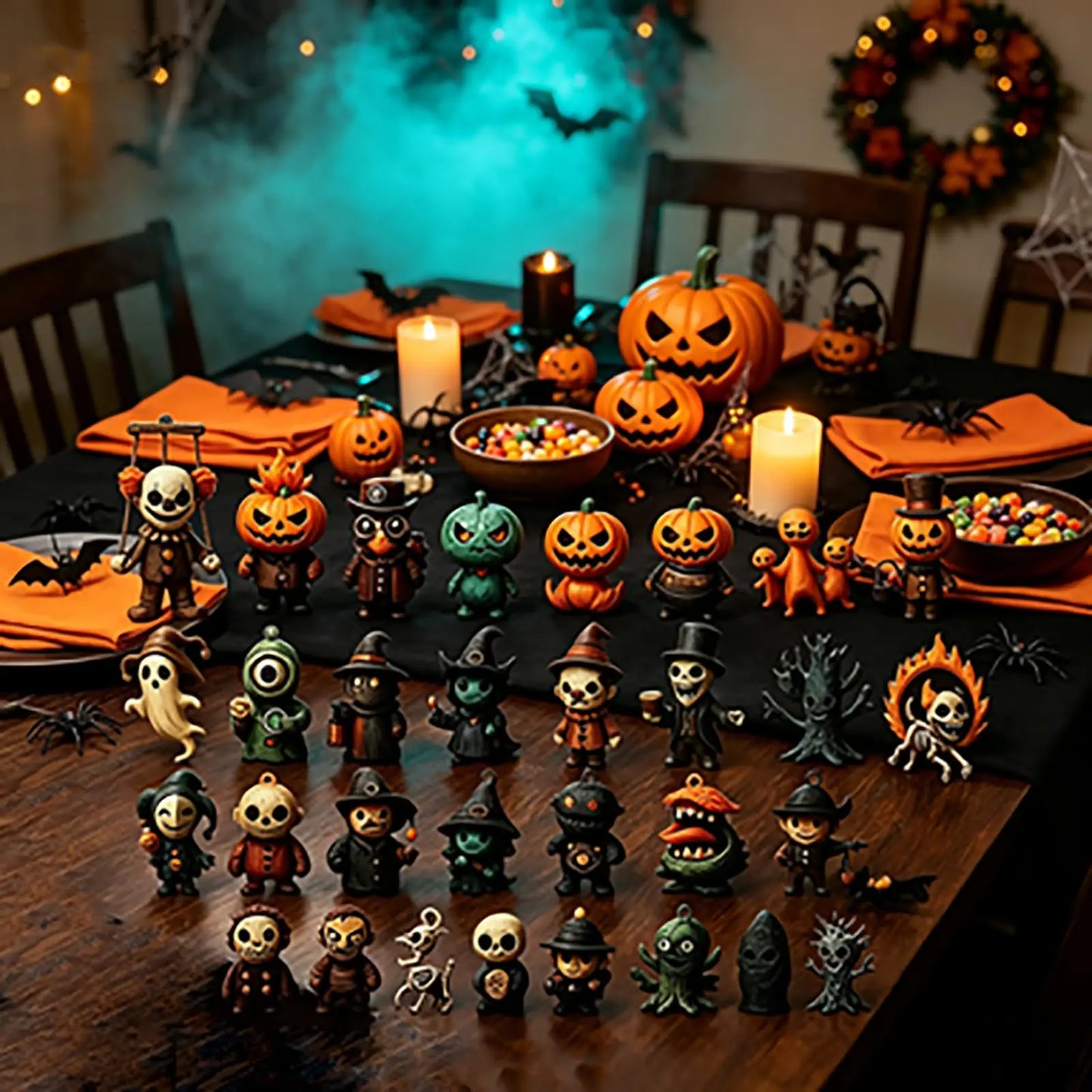 Figuras de Halloween del calendario decorando una mesa con calabazas y velas