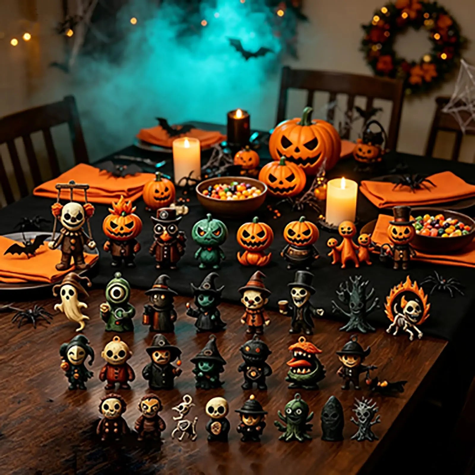 Figuras de Halloween del calendario decorando una mesa con calabazas y velas