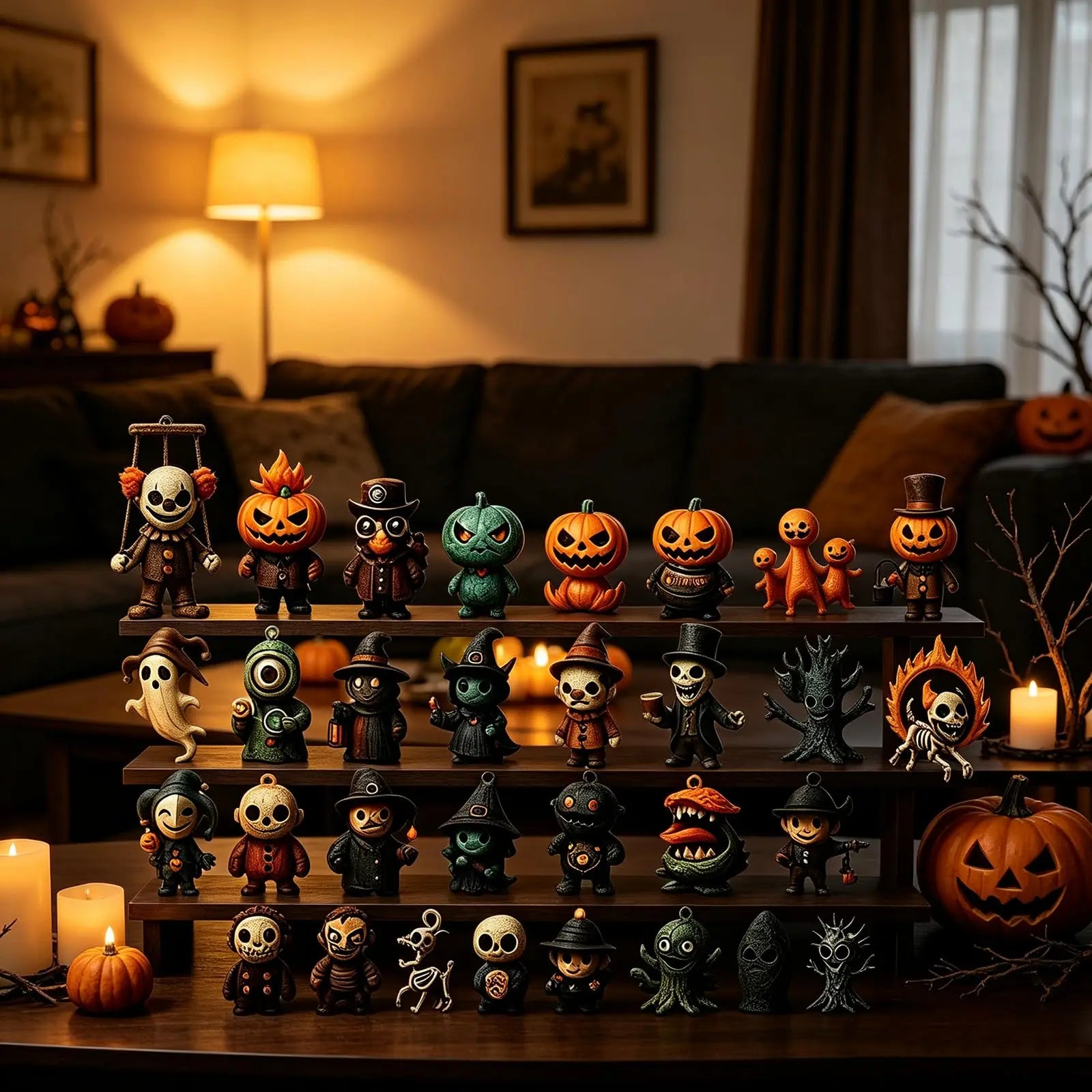 Colección de figuras de Halloween del calendario exhibidas en repisas del living