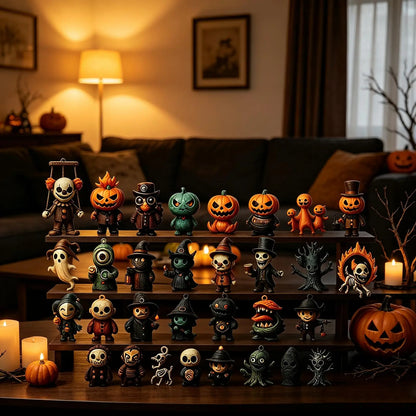Colección de figuras de Halloween del calendario exhibidas en repisas del living