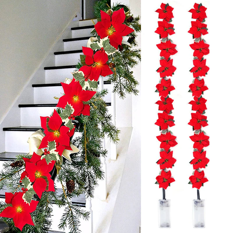 Guirnalda de flores de nochebuena con luces LED cálidas