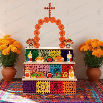 ⭐ Caja de Altar Mexicana Completa con Accesorios - Día de los Muertos