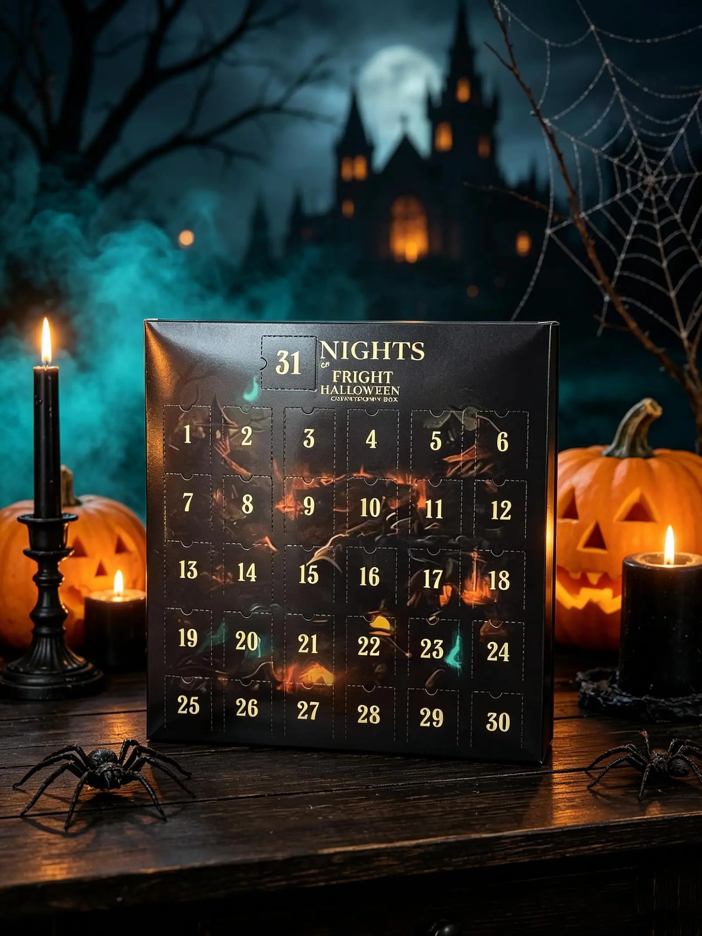 Caja de cuenta regresiva de Halloween con 30 puertas numeradas, sobre una mesa de madera con calabazas y velas