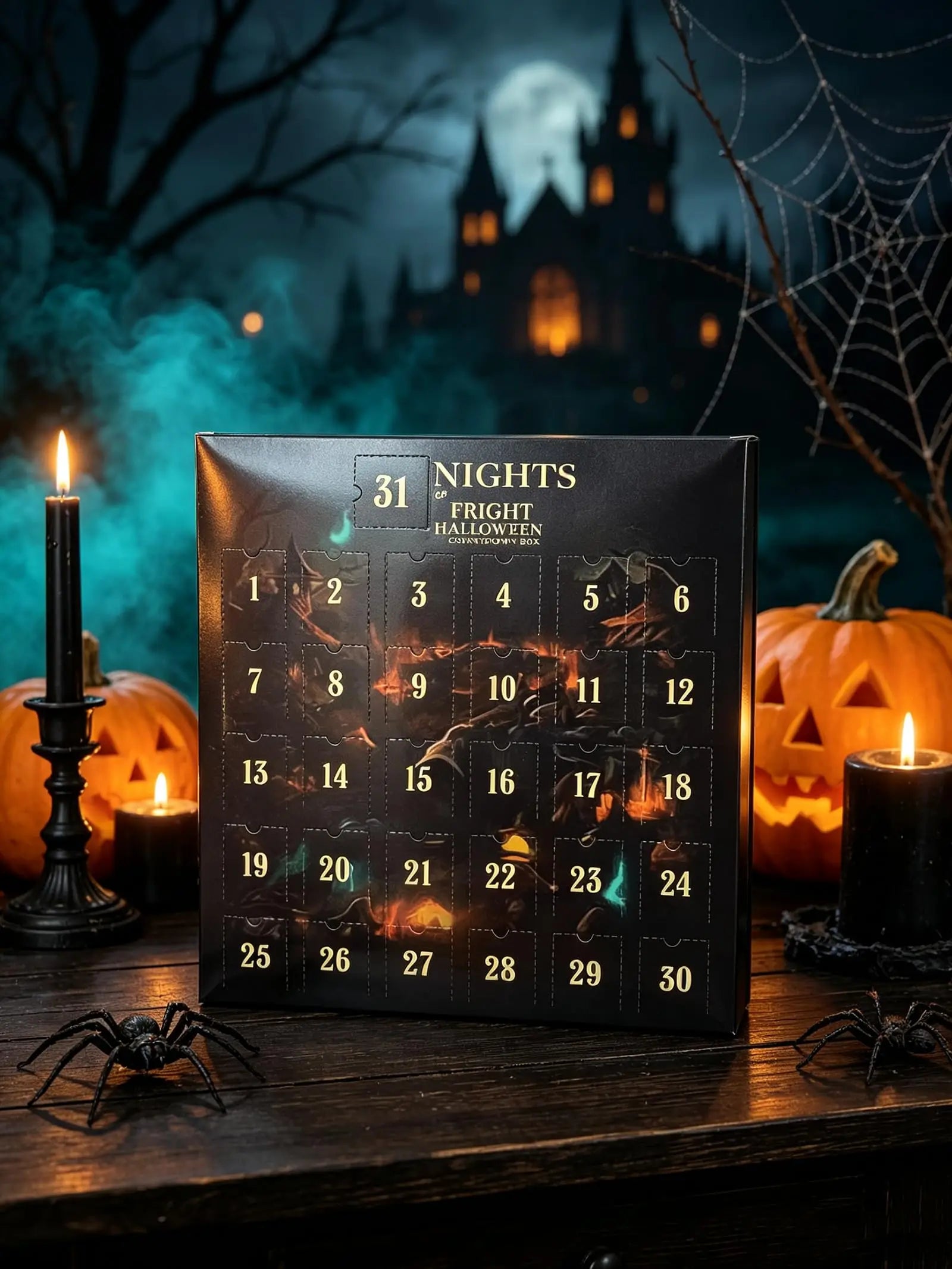 Caja de cuenta regresiva de Halloween con 30 puertas numeradas, sobre una mesa de madera con calabazas y velas