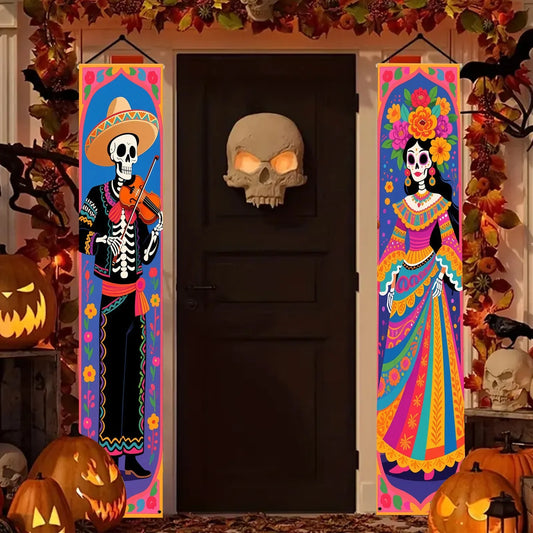 2 Pancartas Colgantes Calaveras de Azúcar Día de los Muertos
