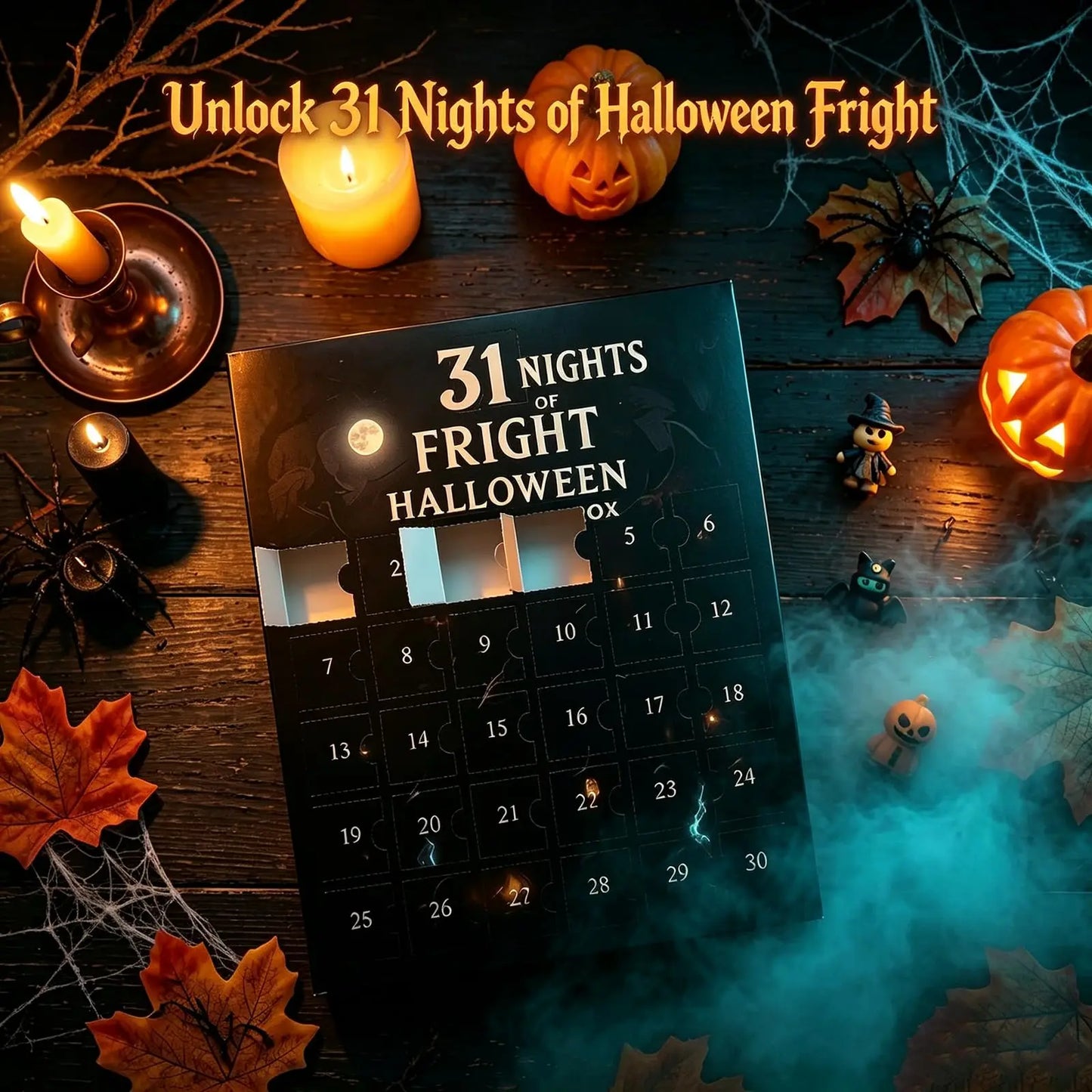 Caja de cuenta regresiva de Halloween rodeada de calabazas, velas y hojas de otoño