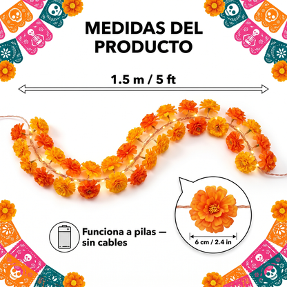 Medidas: Guirnalda de Flores de Caléndula a Pilas - 1.5 m / 5 pies