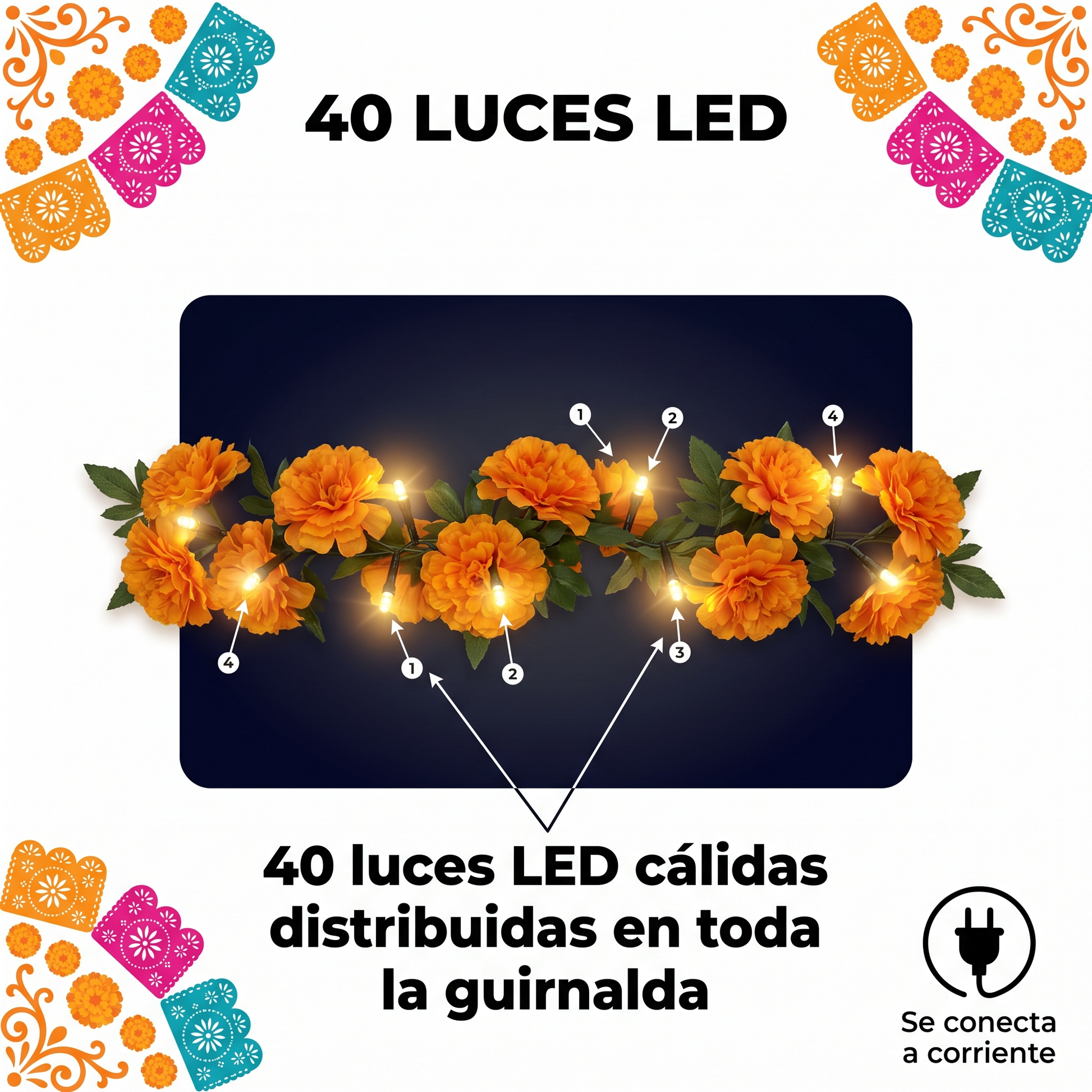 Medidas: Guirnalda de Caléndulas 20 pies - 40 luces LED