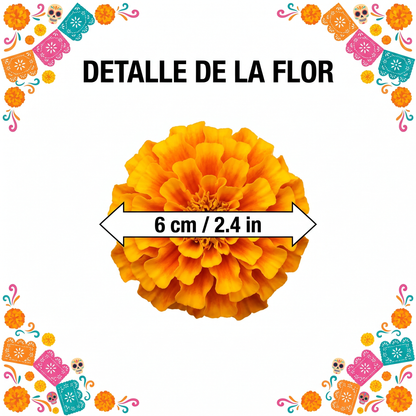 Medidas: Guirnalda de Caléndulas 20 pies - Detalle de la flor 6 cm